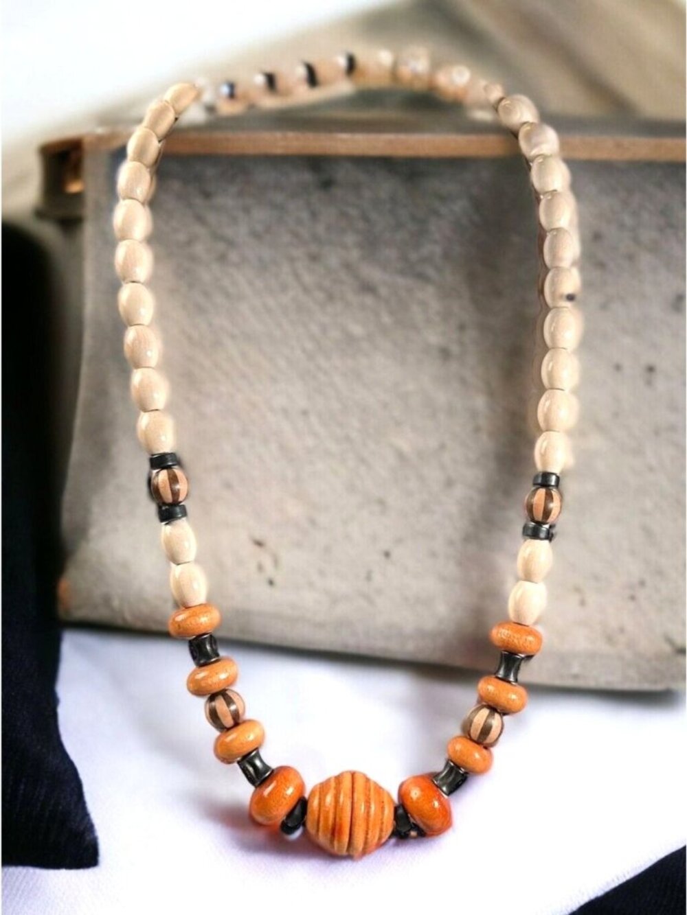 Vintage Handmade Wooden Beaded Necklace Beige & Brown With Black Accents